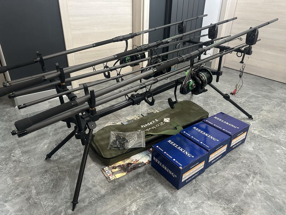 Set pescuit crap complet – 3 lansete Robinhan 3.90m + mulinete Reelsking TM10000 + Rod Pod Robinhan