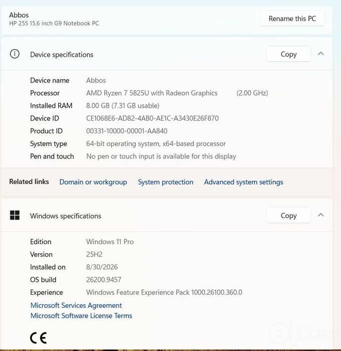 Noutbuk modeli: HP 255 15.6 inch G9 Notebook PC