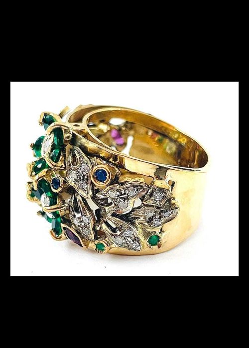 Inel monumental aur 9K cu smaralde, diamante, rubine si safire