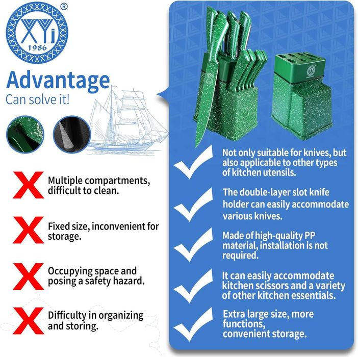 Комплект кухненски ножове с поставка неръждаема стомана, зелени