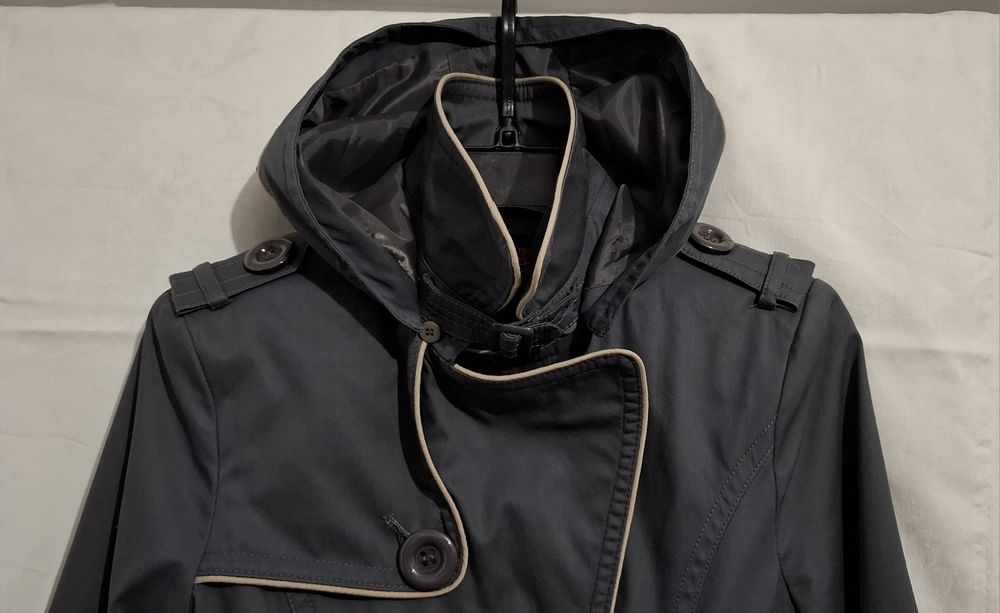 Haina / Trenci scurt, bumbac, gri, gluga detasabila si cordon