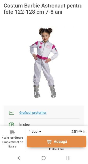 Costum Barbie Astronaut pentru fete - marimea S (110-122), stare excelenta