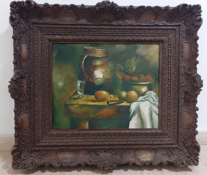 Superbă lucrare în ulei pe pânză natura statica foarte veche de dimens