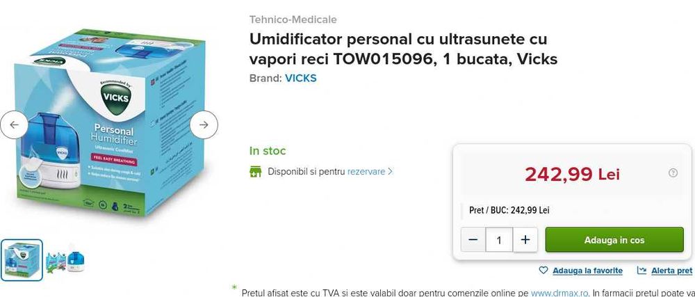Umidificator personal cu ultrasunete, cu vapori reci Vicks