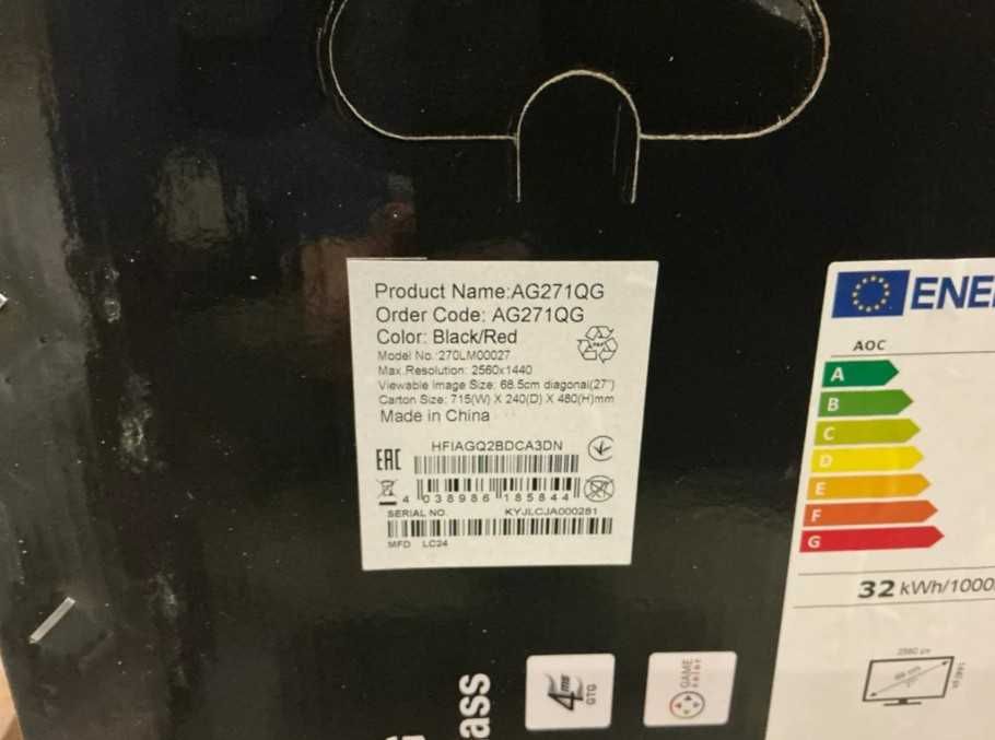 AOC Agon AG271QG Monitor Gaming 27" QHD IPS 165Hz 4ms GTG