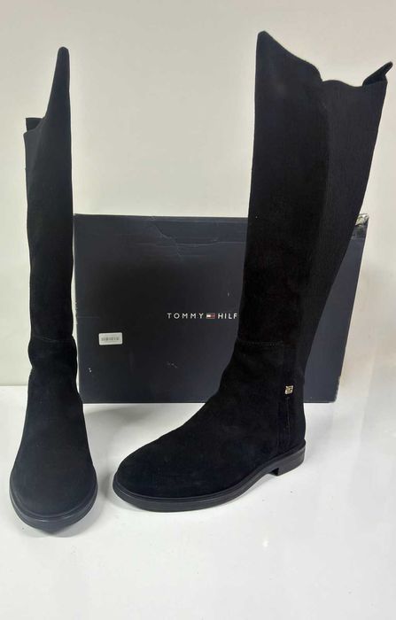 НОВИ Дамски велурени ботуши TOMMY HILFIGER Flag Long Boot (Черни) - Размер 37 (23.5 см стелка)