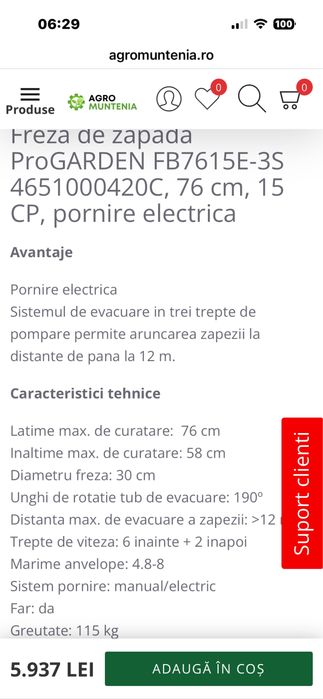 Freza zapada Progarden cu aprindere electrica 76 cm  si 15 cai putere