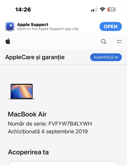 MacBook Air 13” 2019 – Space Gray – stare foarte bună