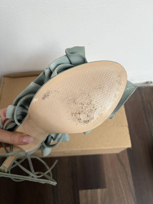 Sandale Zara cu toc, 36, verzi, cu siret, piele naturala