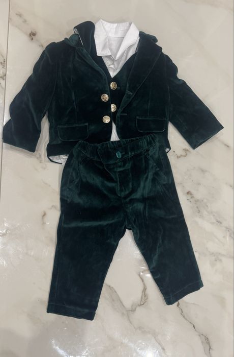 Costum elegant bebe băiat 3–6 luni (68 cm), NOU, catifea verde, 4 piese