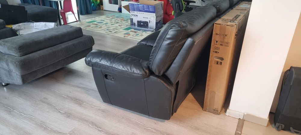 Canapea piele cu recliner manual picioare, 3 locuri