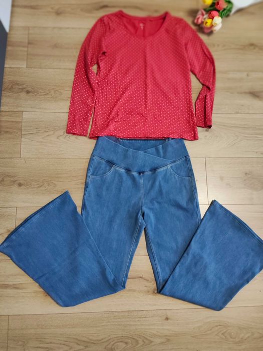 Tricou femei cu pantaloni evazați blugi