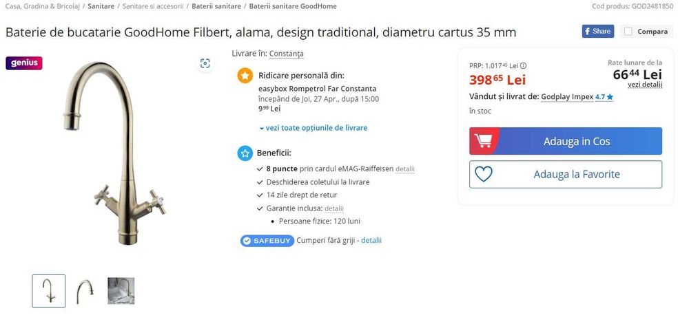 Baterie de bucatarie GoodHome Filbert, alama, design traditional 35MM