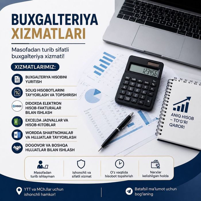 Buxgalteriya xizmati Tajribali buxgalter  1C dasturida ishlaymiz