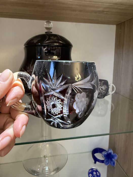 Set cristal Bohemia ruby – cristal tăiat manual | stare impecabilă