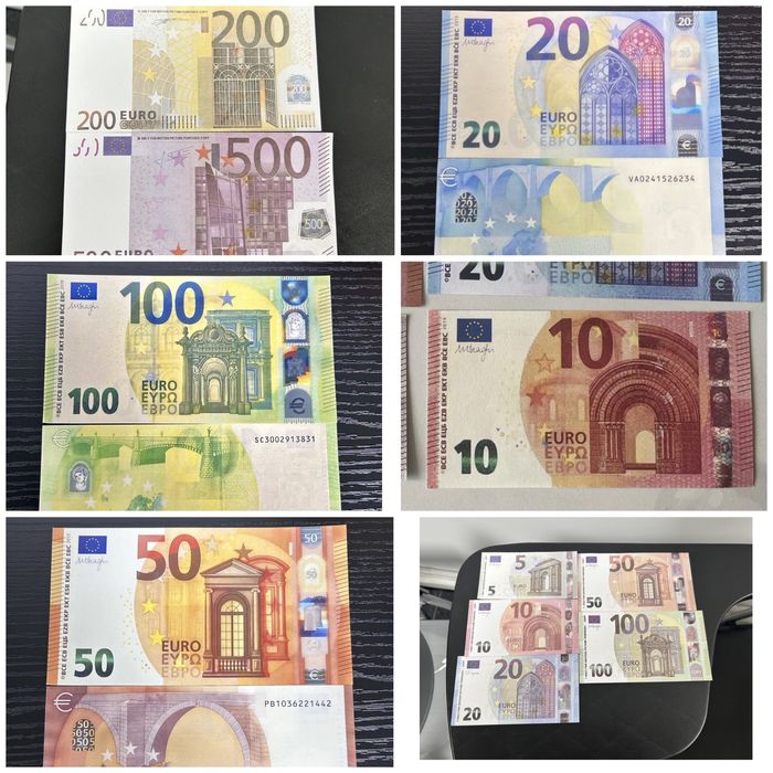Реквизитни евро банкноти, пачки от €5, €10, €20, €50, €100, €200, €500
