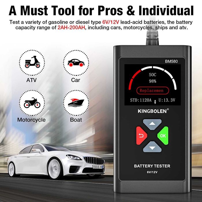 Tester auto baterii, compatibil cu, motociclete, autoturisme, utilitare tensiune 6/12V capacitate baterie 2Ah-220Ah BM580