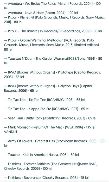 Pachet 15 Eurodance/Raggae/Hip-Hop - Faithless/Aventura/Pitbull/Touche