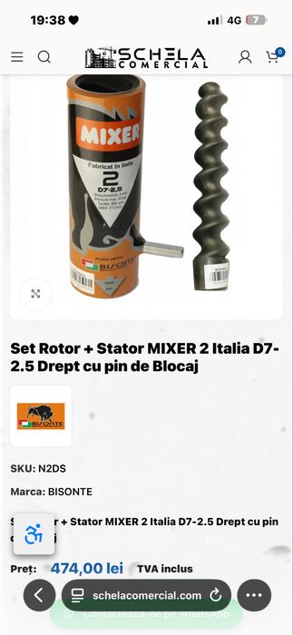 Set Rotor + Stator MIXER 2 Italia D7-2.5 Drept cu pin de Blocaj