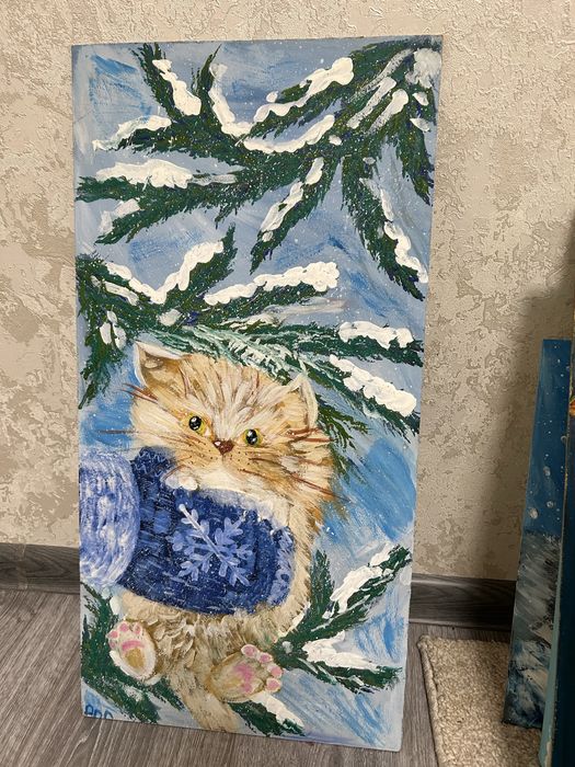 Картина котёнок зима ели снег