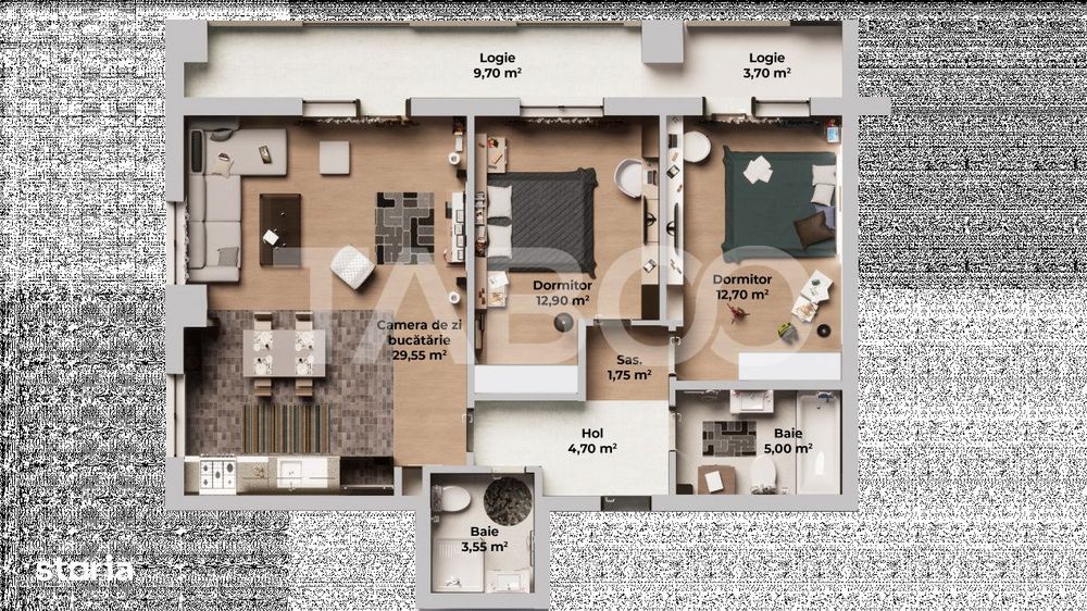 Apartament cu 3 camere 2 bai si 2 balcoane - finalizat si intabulat