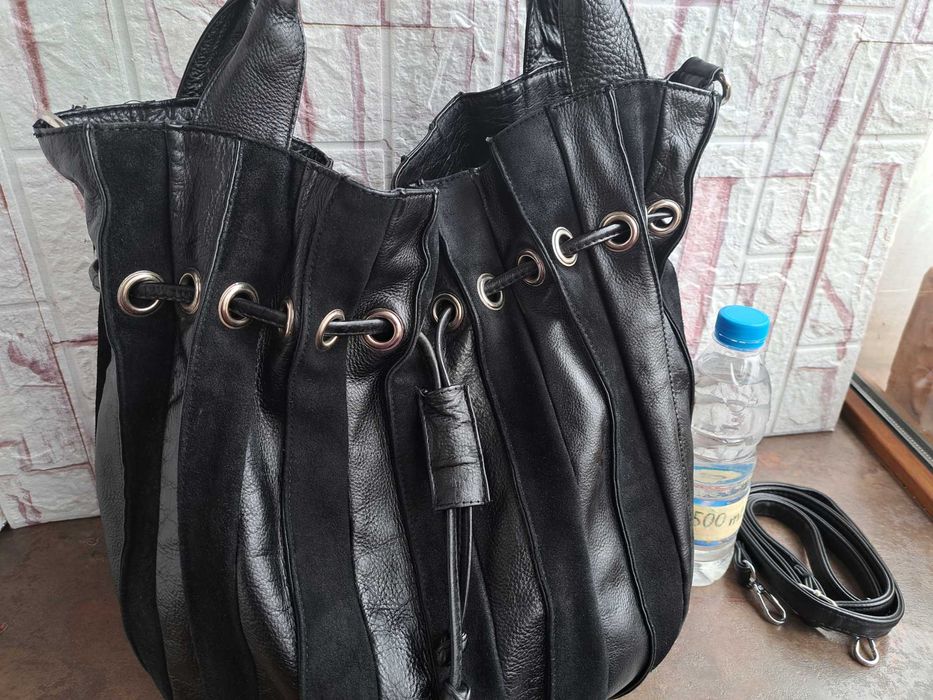 дамска чанта,черна голяма кожена торба-естествена кожа и велур