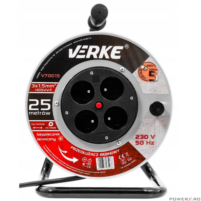 Rola prelungitor cablu negru, cu cadru metalic, 25 metri 3 x 1,5 mm