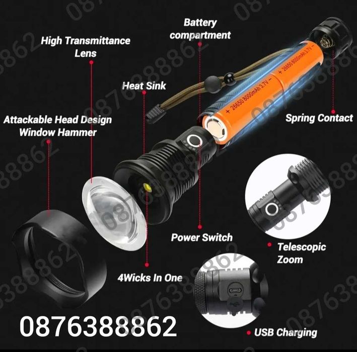 ПРОМО! Мощен Лед фенер 900000W POLICE 24см, Зуум, Водоустойчив