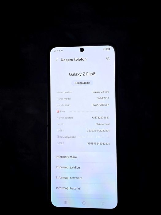 Vând telefon Samsung  Galaxy Z Flip 6 argintiu , 256 Gb , folosit , în stare foarte bună ,plus căști Samsung Galaxy Buds FE inclus.