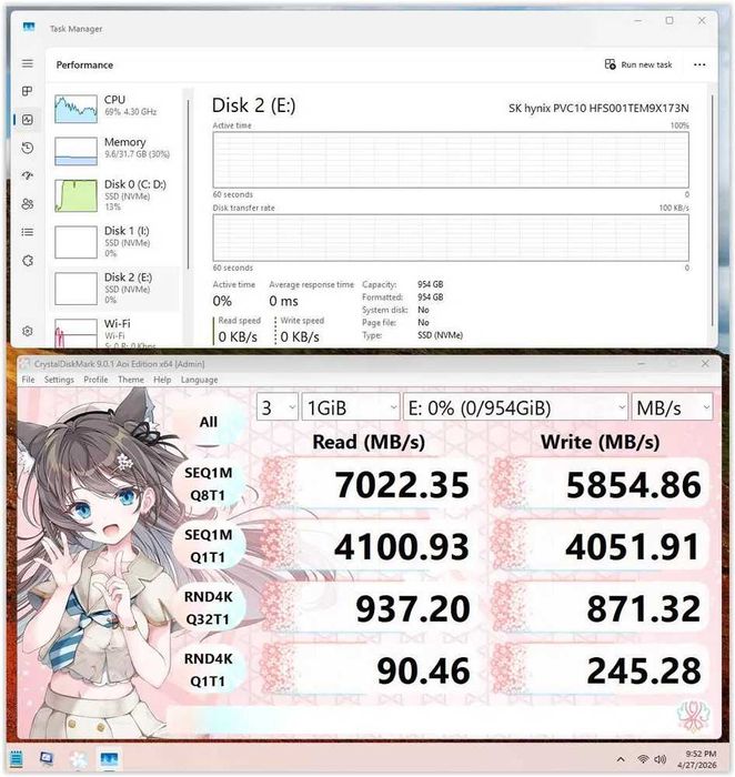 SSD 1TB 7000 MB/s M.2 NVMe, SK Hynix, PCIe 4.0 X4 NOU Bulk