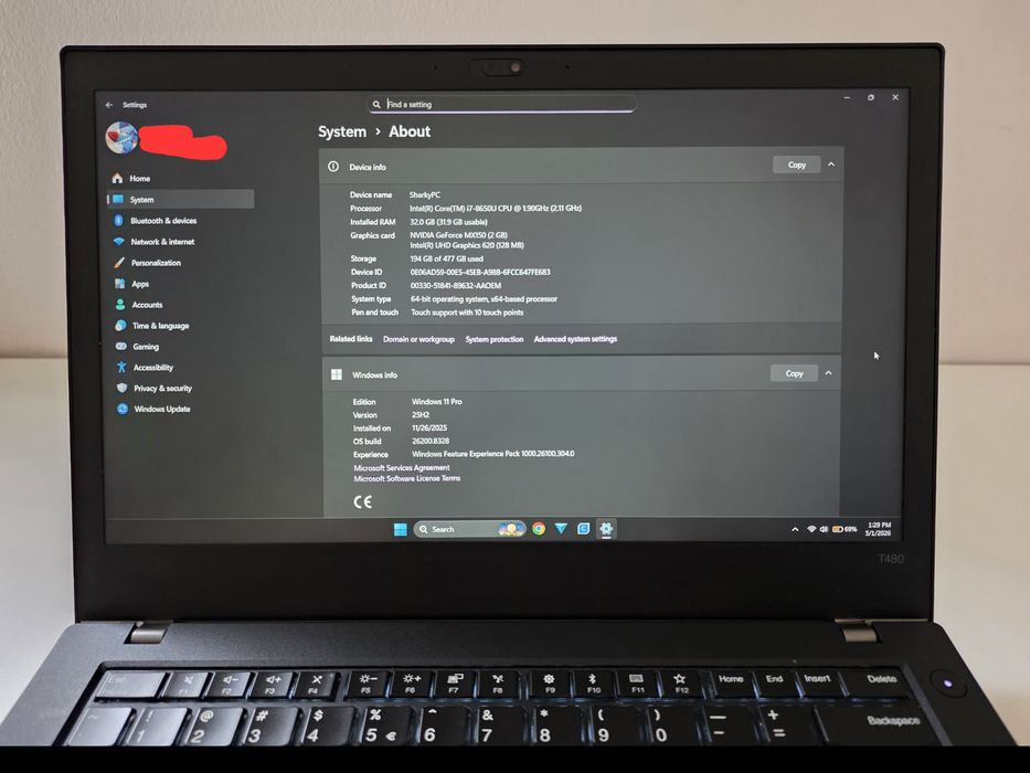 Lenovo T480, i7, 32GB, GeForce MX150, modem 3G, Baterie noua