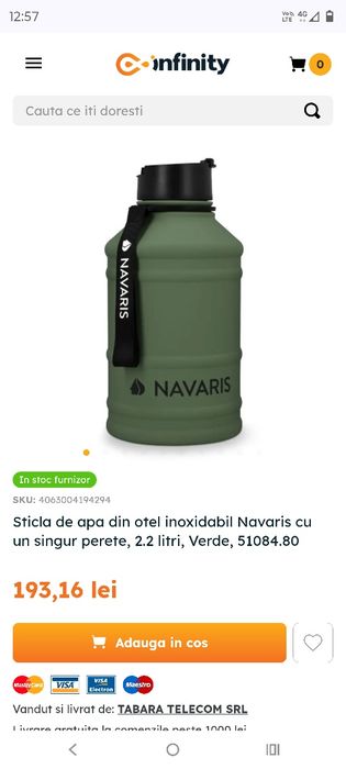 Bidon sport de apa otel inoxidabil Navaris, 200 lei nou