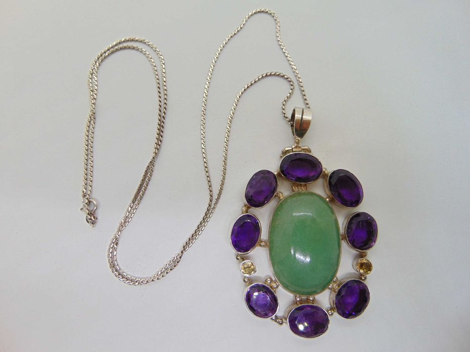 Lant si pandantiv mare din argint cu jad, ametist si citrin