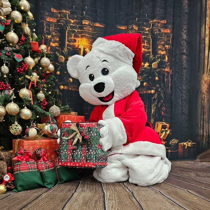 Costum Mascotă Urs Polar Alb de Crăciun pentru Adulți – Mascotă Profesională Handmade cu Costum Moș Crăciun pentru Evenimente și Petreceri