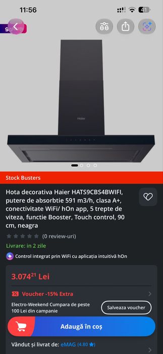 Hotă de perete smart Haier I-Link 60 cm Neagră, Wi-Fi, Touch, 890 m3/h - NOUĂ