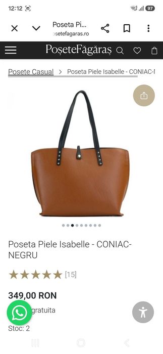 Poșetă piele Isabelle coniac cu accente negre- Poseta Făgăraș