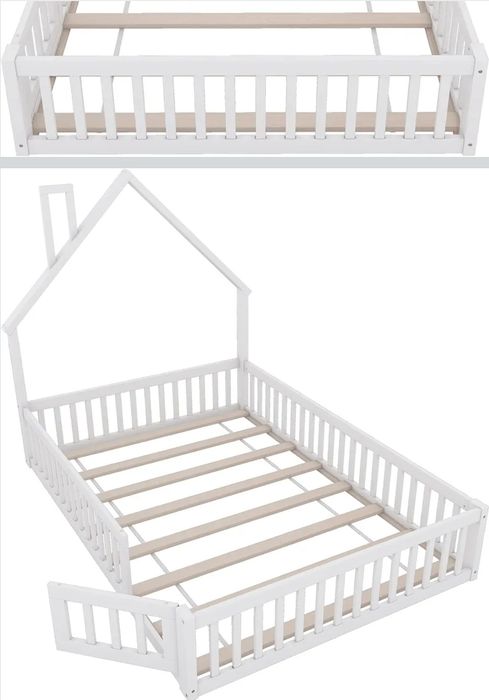 Pat tapițat 140x200 cm pentru copii, formă de coș de fum, lemn de pin