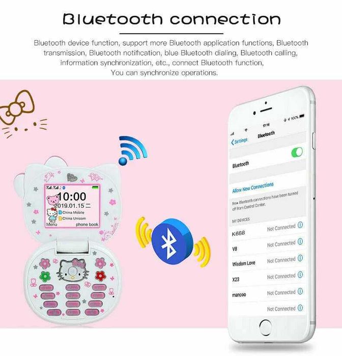 Hello Kitty Розов Телефон за Момиче, Камера, Подарък, с локация, детски телефон с капаче, за дете, Хелоу Кити