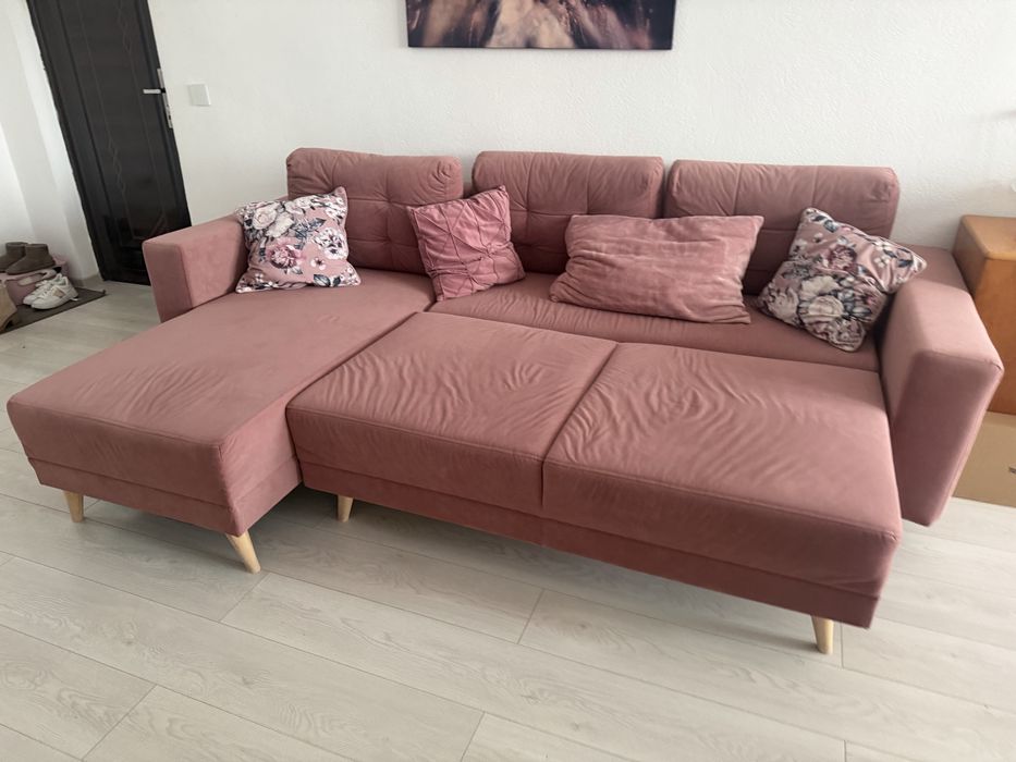 Canapea colțar modern – culoare roz pudrat / somon