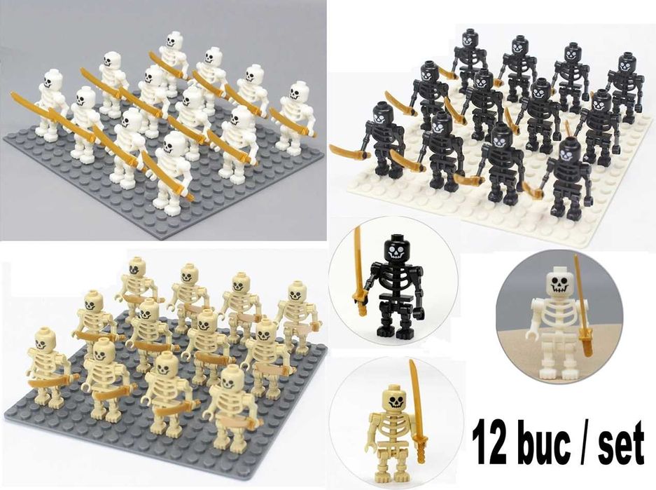 Set 12 scheleti tip Lego Medieval Castle: albi, negri sau bej