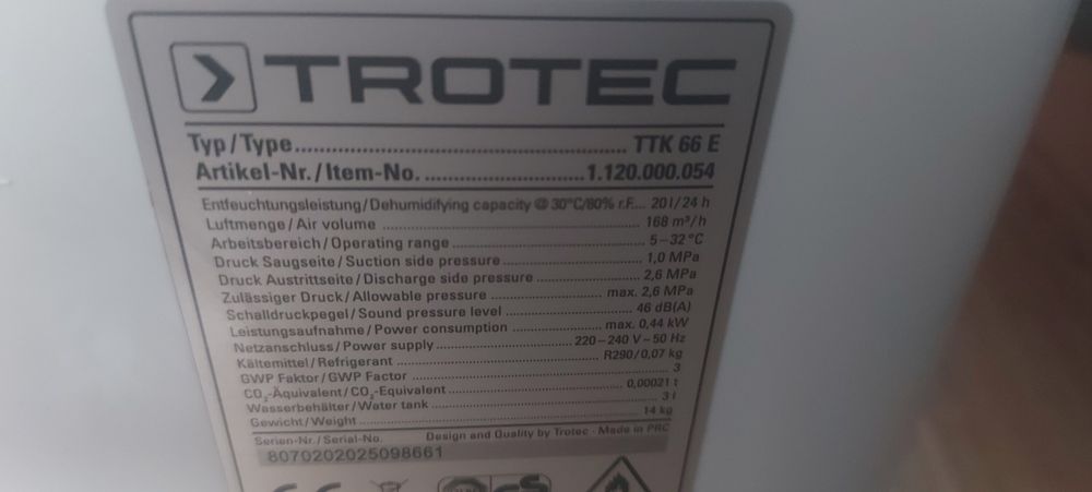 Dezumidificator trotek ttk 66e cu garanție pana în 2027