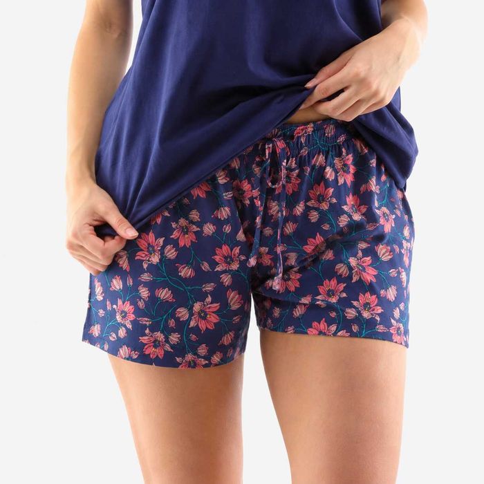 Gina Pijama dama din bumbac, tricou cu maneca scurta si pantaloni scurti cu imprimeu floral, albastru, marimea S