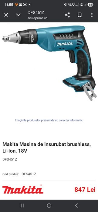 Autofiletanta mașină de înșurubat Makita pentru rigips DFS 451 Z