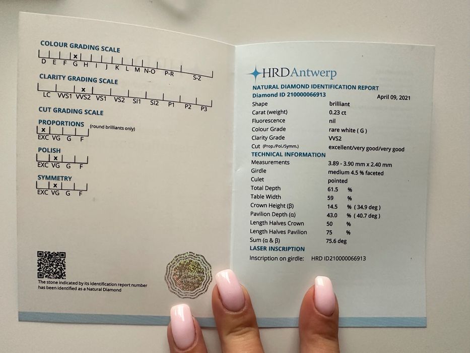 Диамантен пръстен 0.23 ct G/VVS2 с HRD сертификат