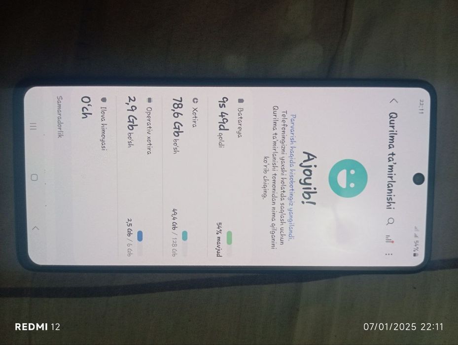Samsung A71 6/128 2 ta simkartali xech qati alishmagan ekran tiniq