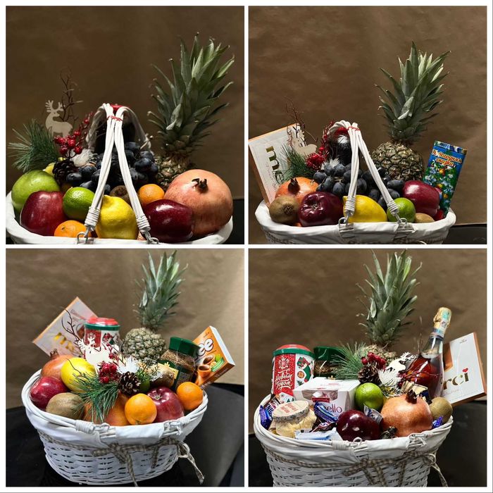 Корзина с фруктами и напитками