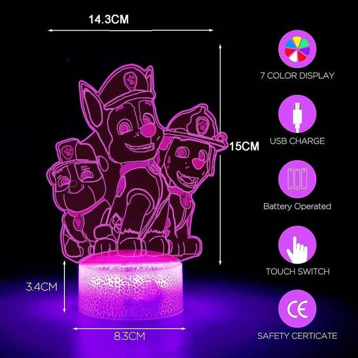 3D LED нощна лампа Paw Dog Patrol,16 цвята, дистанционно