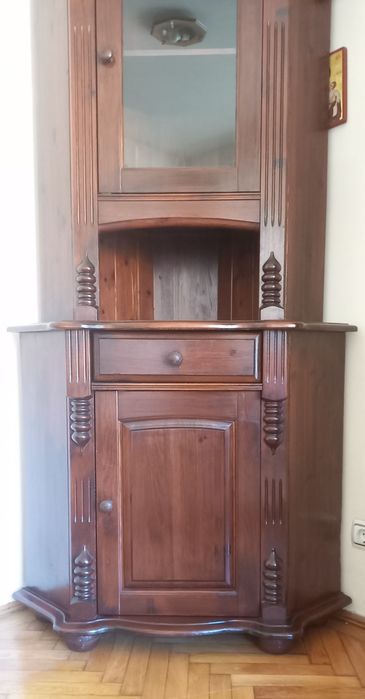 Piesă mobilier de colț cu vitrină - lemn masiv - VINTAGE