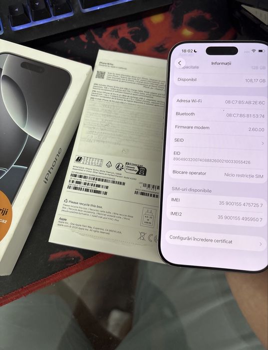 Iphone 16 Pro 128 gb 91% sanatatea bateriei