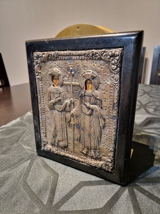 Страхотна антикварна сребърна икона Свети Константин и Елена със серти